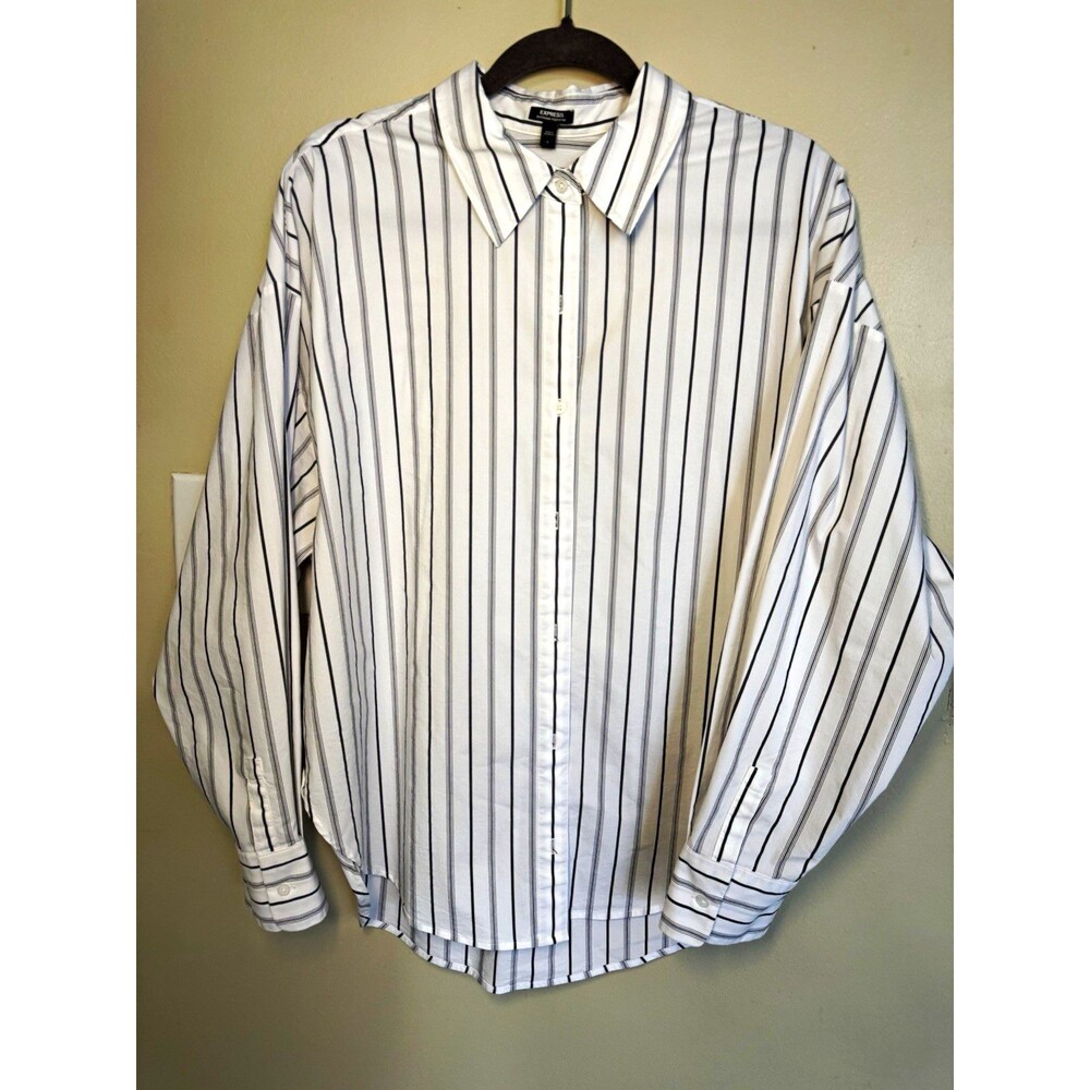 Express Boyfriend Portofino Men's L White/Black Striped Long Sleeve Button-Up